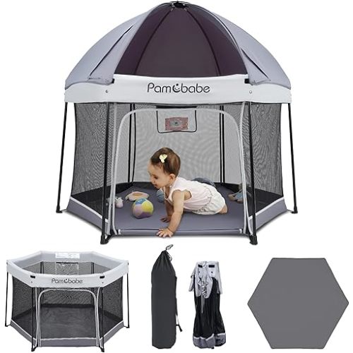 Pamo Babe Baby Playpen with Sun Protection Canopy - Indoor & Outdoor Play Yard for Babies and Toddlers - Baby Tent with Zipper Door