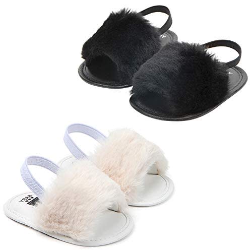 Yinbwol 2 Pack Infant Baby Girls Sandals Elastic Back Strap Flats Slippers Soft Toddles Princess Shoes Faux Fur Slides Shoes First Walker House Shoes