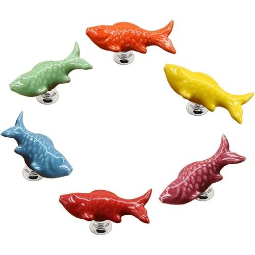 Ayygift 6pcs Creative Cute Fish Cupboard Door Pull Handles Drawer Knobs Cabinet Ceramic