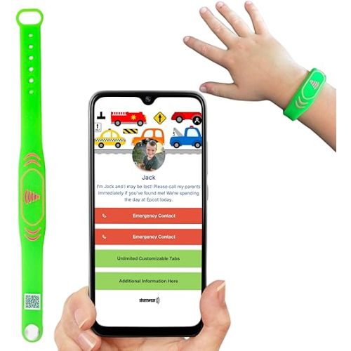 Smart Bands for Kids if Lost, Child Safety ID Wristband, NFC Bracelet for Children, Smart Medical ID Band, Lost ID Bracelet, Disney Essentials for Kids, QR Identification (Neon Green)