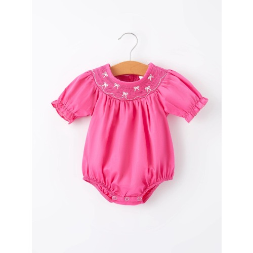 Girls Bow Smock Embroidery Hot Pink Bubble