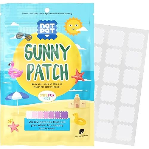 NATPAT Sunny Patch UV Detection Stickers for Preventing Sunburn for Kids and Adults (24 Pack) – BUZZPATCH - All-Natural Waterproof Patches, Changes Color When Time To Reapply Your SunScreen