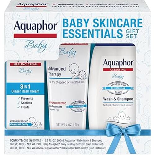 Aquaphor Baby Skincare Essentials Gift Set with Aquaphor Baby Wash and Shampoo, Aquaphor Baby Healing Ointment, and Aquaphor Diaper Rash Cream, 3 Pieces