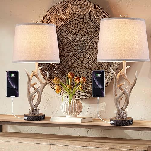 Dungoo Rustic Western Lamp Set of 2 - 26" Farmhouse Table Lamp with 2 USB Ports, Natural Antler Design for Bedroom, Living Room, Office (Rustic Brown)