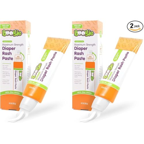 Boogie Diaper Rash Paste, Maximum Strength 40% Zinc Oxide, Mess-Free Applicator, Soothes Baby Bum, Diaper Bag Essential, 4oz (Pack of 2)