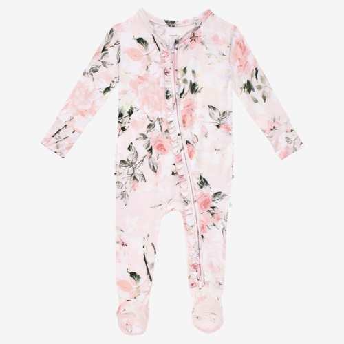 Vintage Pink Rose Footie Ruffled Zippered One Piece