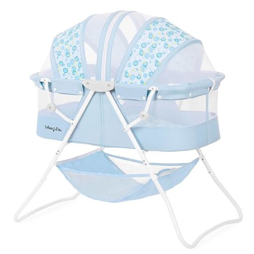 Dream On Me Karley Bassinet in Light Blue, Lightweight Portable Baby Bassinet, Quick Fold and Easy to Carry, Adjustable Double Canopy, Indoor and Outdoor Bassinet with Large Storage Basket.