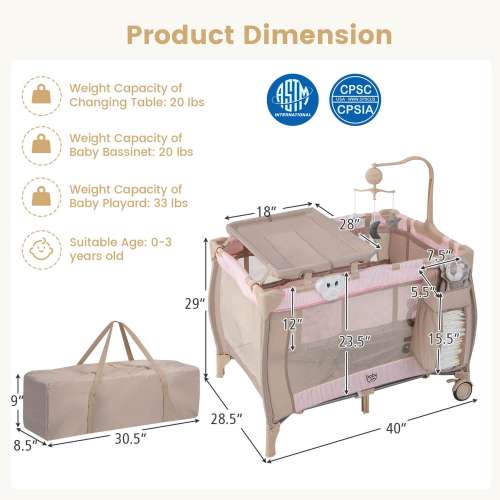 Costway Portable Baby Playard Nursery Center Crib with Hanging Toys & - See Details