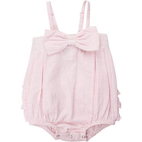 RuffleButts® Baby/Toddler Girls Light Wash Denim Bow-Front Bubble Romper