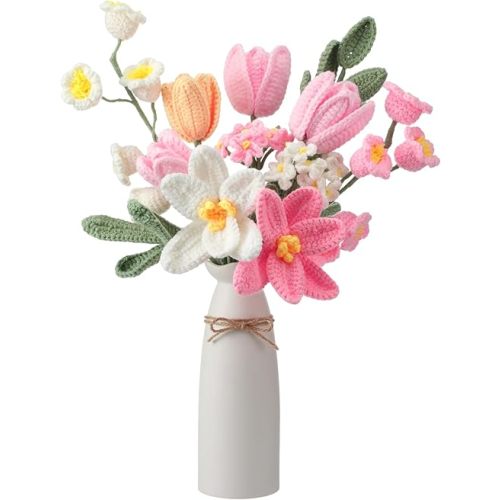 11 Pcs Crochet Flower Bouquet Handmade Knitted Tulip Flowers Bouquet Artificial Flowers Fake Tulips for Teacher's Day Gift