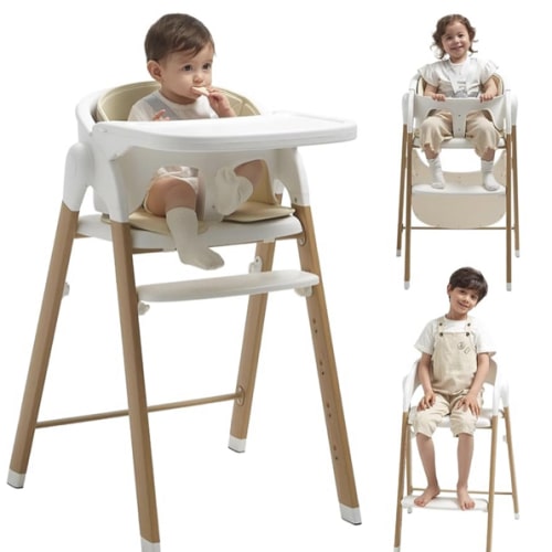 High Chair for Babies and Toddlers Adjustable Foldable Convertible 5 Point Harness Easy Clean Wood-Printed Metal with Removable Tray Baby Highchair for Family (White&Natural Wood-Printed Metal)