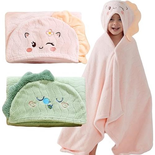 Hooded Towel for Kids, 2 Pack Coral Fleece Kids Bath Towels, Soft and Absorbent Toddler Towels with Hood Age 0-12 Years for Toddler, Infant, Kids - Large 27.5 X 55 inch (Pink Unicorn & Green Dinosaur)