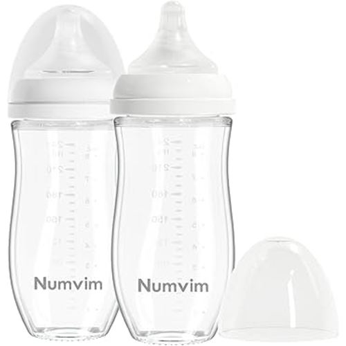 Natural Glass Baby Bottle for Breastfeeding Babies, Baby Essentials, Gentle Medium Flow, Wide Neck Bottle with Anti Colic Nipple for 3 Months Babies, Includes M Nipples (8Oz, 2 Packs)