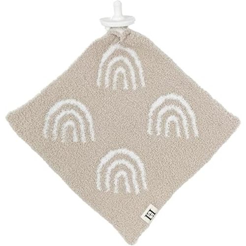 Rainbow Baby Lovey Pacifier/Teether Holder 10"x10" - DreamSoft Knitted Cuddly Soothie Reversible Mini Comfort Security Blanket - Snuggle Newborn Gift Essential for Babies Boys and Girls (Tan/White)