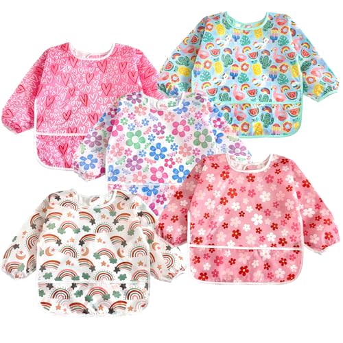 PandaEar 5 Pack Baby Long Sleeve Bibs| Waterproof Full Sleeve Bib for Baby Infant Toddler 6-36 Months