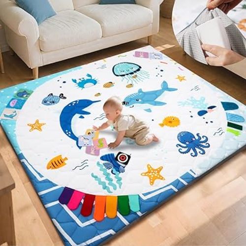 TINYHARBO Premium Foam Baby Play Mat 71x59, 4 Developmental Zones Play Mat with Removable & Machine Washable Cover, Extra Thick Padding Playpen Mat, Easy to Clean for Infants, Toddlers & Babies