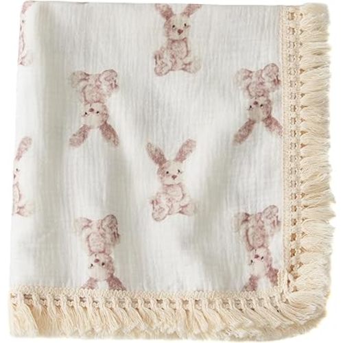 Little Jump Cotton Muslin Swaddle Blankets with Tassel, Boho Bohimia Muslin Baby Blanket Neutral with Fringe, Vintage Teddy Bear Nursery Decor Muslin Throw Blanket 47" x40" (Bunny)