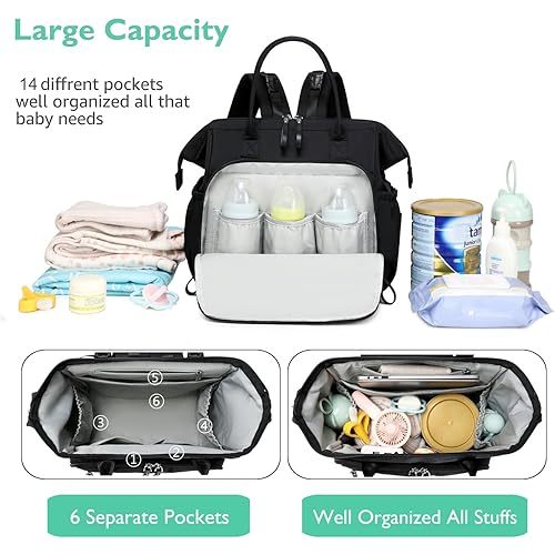 Convertible Diaper Bag Tote, Wide Open Top 14 Pockets Stylish Baby Diaper Bag with Stroller Buckle, Water-resistant