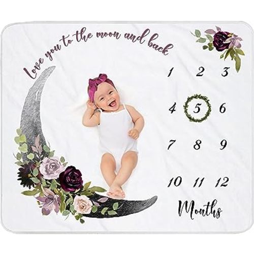 Moon Baby Monthly Milestone Blanket for Girl, Gift for Baby Shower, Baby Photo Blanket for Newborn Picture, Wreath &Headband Included, Soft Flannel Blanket 45''x40''