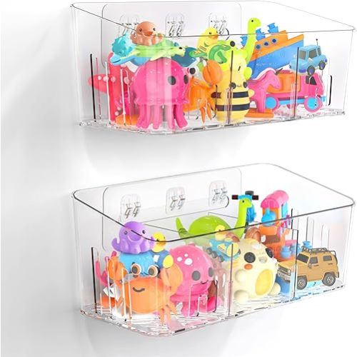Lysam Bath Toy Storage 2 Packs, Large Bath Toy Holder with 3 Compartment, Quick Dry Bathtub Toy Organizer, Bath Tub Toy Net, Shower Toy Basket & Bin, Bathroom Accessories for Baby,Toddler,Kids（Clear）