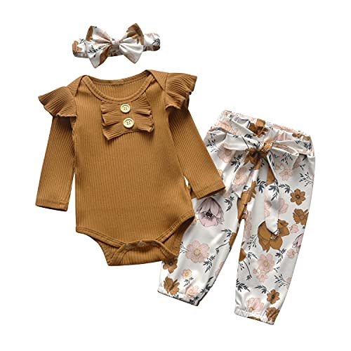 Newborn Infant Baby Girl Clothes Ruffle Long Sleeve Romper and Floral Pants with Headband 3PCS Set