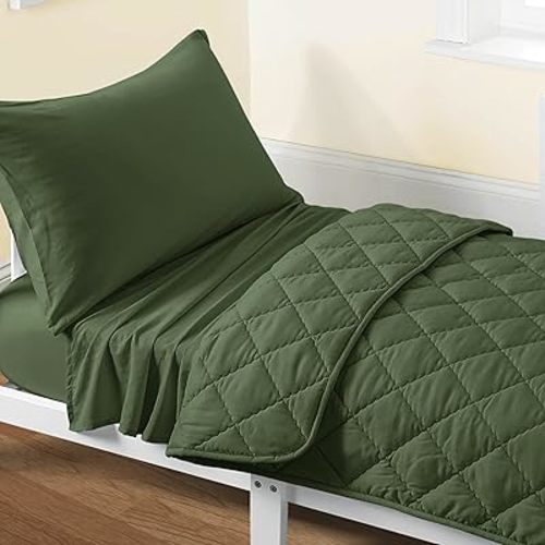 FLXXIE 4 Pieces Toddler Bedding Set, Soft and Breathable Microfiber Crib Sheet Set, Includes Quilted Comforter, Flat Top Sheet, Fitted Sheet, Envelope Pillow Case for Boys and Girls, Olive