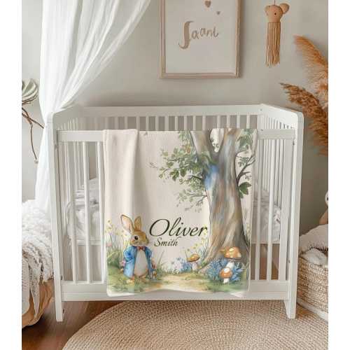 Personalized Peter the Rabbit Baby Blanket – Soft Fleece Nursery Bedding | Baby Shower Gift | Custom Name Blankie | Cozy Toddler Throw
