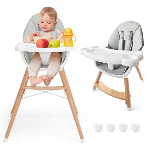 Infans Baby High Chair Wooden Feeding Chair w/ 4-Gear Tray & Removable Cushion Grey
