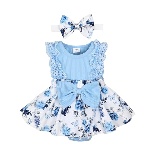 KAFIREN Baby Girl Clothes Newborn Romper Dress Infant Lace Ruffle Sleeveless Summer Outfits with Headband 0-12 Months