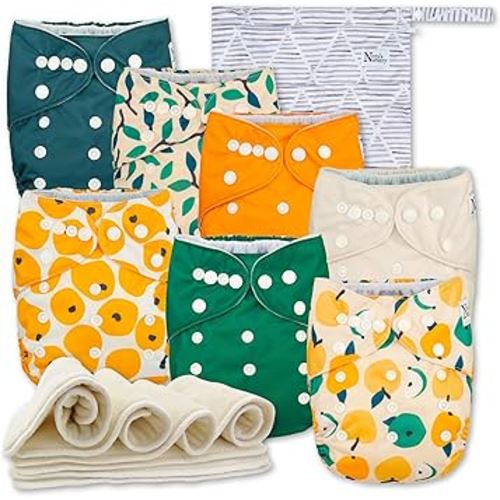 Nora's Nursery Cloth Diapers 7 Pack with 7 Inserts & 1 Wet Bag - Waterproof Cover, Washable, Reusable & One Size Adjustable Pocket Diapers for Newborns and Toddlers - PearFect