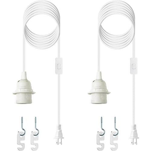 Plug in Light Socket - 16Ft Pendant Light Cord Kit E26/E27 Light Socket Hanging Lantern Lamp Cord with On/Off Switch,Socket Rings, 2 Pack, White