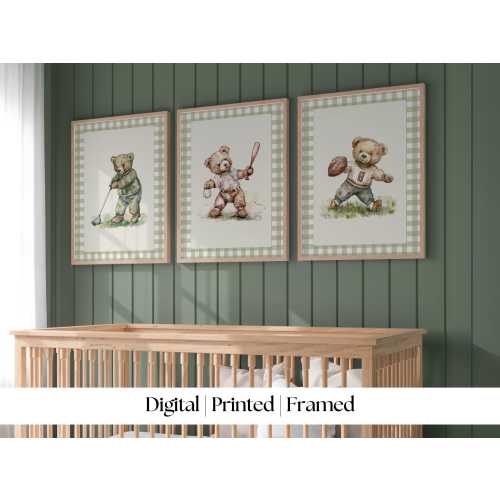 Sport nursery set, Boy nursery wall art sport, Vintage boy nursery, Teddy Bear Golf Print Nursery, Gingham,Green,baseball nursery decoration
