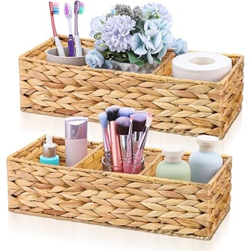 3-Section Wicker Baskets Water Hyacinth Storage Bin Bedroom Decor Basket Toilet Paper Holder Handwoven Desk Organizer Rectangle Container for Vanity Bathroom Pantry Coffee Table Decor