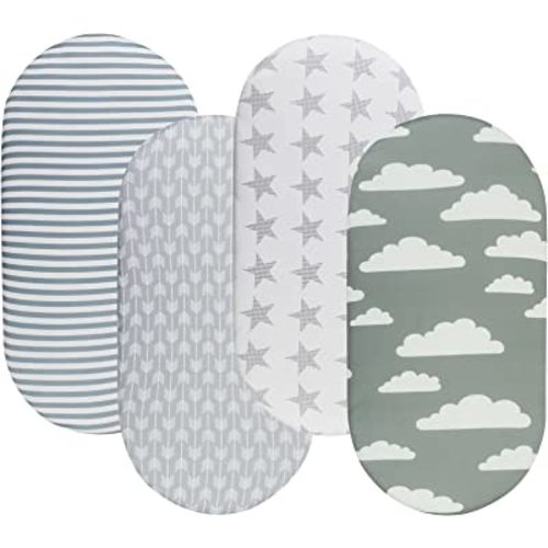 Bassinet Sheets for Baby Boy and Girl, Stretchy Breathable Fitted Sheet Universal for Bassinet Cradle Hourglass Oval Rectangle Pad/Mattress, 4 Pack Stripe Star Cloud and Arrow Printing