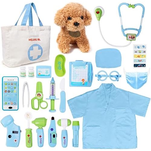 Meland Toy Doctor Kit for Kids - Pretend Play Doctor Set with Dog Toy, Carrying Bag, Stethoscope Toy & Dress Up Costume - Doctor Play Gift for Kids Toddlers Ages 3 4 5 6 Year Old for Role Play