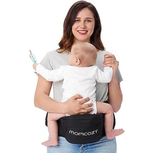 Momcozy Hip Seat Baby Carrier - Adjustable Waistband with Original 3D Belly Protector, Ergonomic Carrier with Various Pockets for Newborns & Toddlers up to 45lbs (Black, Medium)