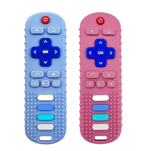 Baby Teething Toys, Food Grade Silicone Teether for Babies 3 6 12 18 Months, TV Remote Shape Toddlers Chew Toys, Freezer BPA Free (Pink+Blue)