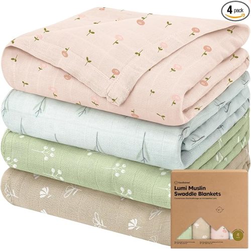 4-Pack Muslin Swaddle Blankets for Boys, Girls - Organic Baby Swaddles for Newborns, Soft & Breathable Receiving Baby Blankets for Girl, Boy, Neutral, Newborn Essentials Gift (Wild Bloom)