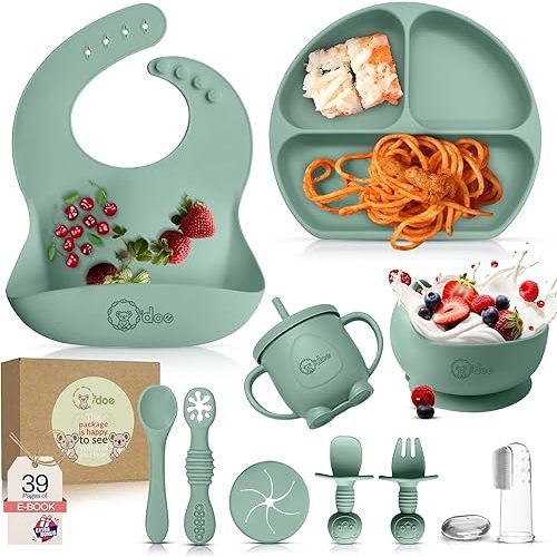 O'doe 11-Piece BPA-Free Silicone Baby Feeding Set | Thick & Soft Suction Plates, Baby Bowls, Wooden Fork & Spoon, and More | Make Mealtime Fun and Easy for Your Little One (Green, V1)