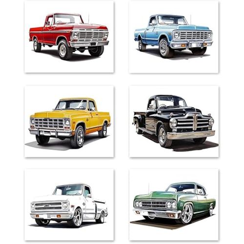 MOCVSWO Classic Pickup Truck Car Wall Art Prints,Watercolor Truck Car Wall Art Posters for Nursery Decor Kids Toddler Boy Room Decor Boys Bedroom Playroom Decor,Set of 6(8”X10”inch,Unframed).