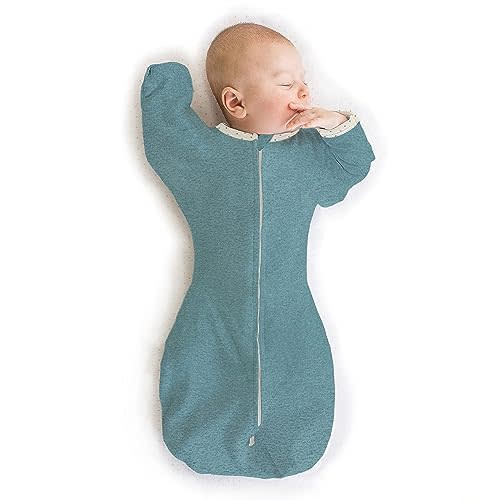 SwaddleDesigns Transitional Swaddle Sack with Arms Up Half-Length Sleeves and Mitten Cuffs, Large, 6-9 Months, 21-24 lbs, Heathered Teal (Arms Up Swaddle, Transition Swaddle Sleep Sack)