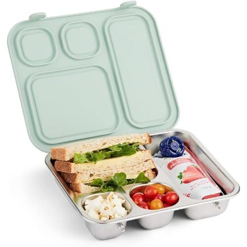Elk and Friends Kids Stainless Steel Bento Box with Silicone Lid | Leak-proof | Toddler Lunch Container | 4 Compartments | Dishwasher Safe
