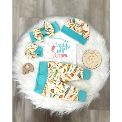 Girls Fishing Outfit: Daddy's Keeper Baby Set, Newborn Layette