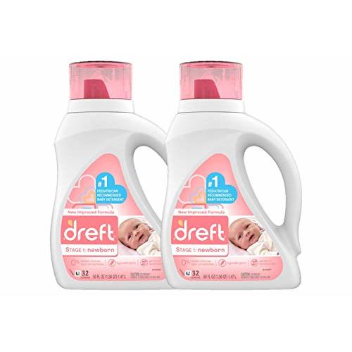 Dreft Stage 1: Newborn Hypoallergenic Liquid Baby Laundry Detergent (HE), Natural for Baby, Newborn, or Infant, 32 Loads (Packaging May Vary), 50 Fl Oz (Pack of 2)