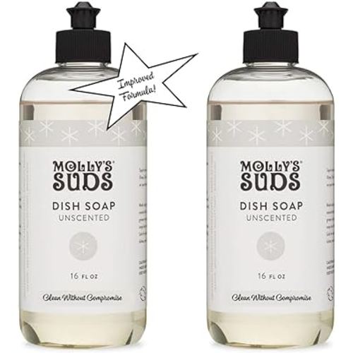 Molly's Suds Natural Liquid Dish Soap | Long-Lasting, Powerful Plant-Powered Ingedients | Unscented, Fragrance Free | 16 oz - 2 Pack