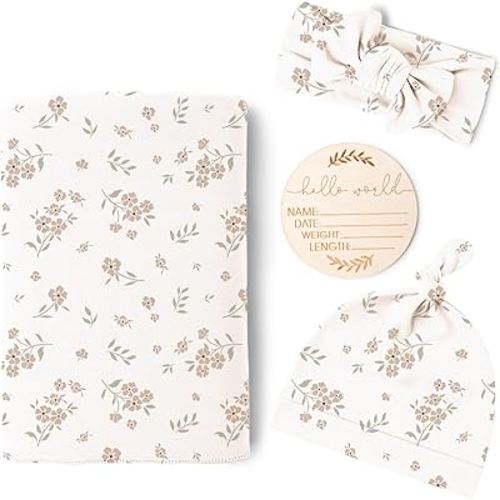 Konssy Baby Girl Newborn Receiving Blanket with Matching Headband and Beanie Set Baby Swaddle Nursery Swaddle Wrap