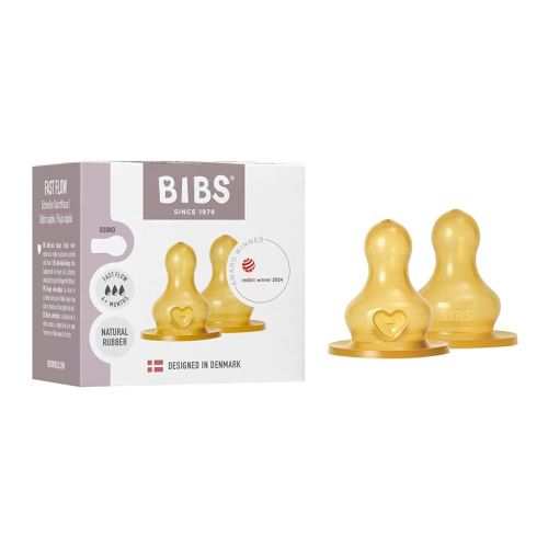 BIBS Bottle Nipple 2-Pack. Anti-Colic. Extra Nipples for BIBS Baby Bottles. Round Nipple. - Natural Rubber Latex, Fast Flow