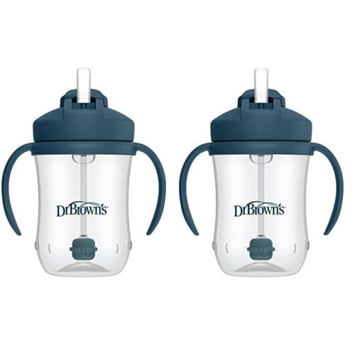 Dr. Brown's Milestones Baby’s First Straw Cup, Training Cup with Weighted Straw, Dark Blue, 6m+ (Pack of 2)