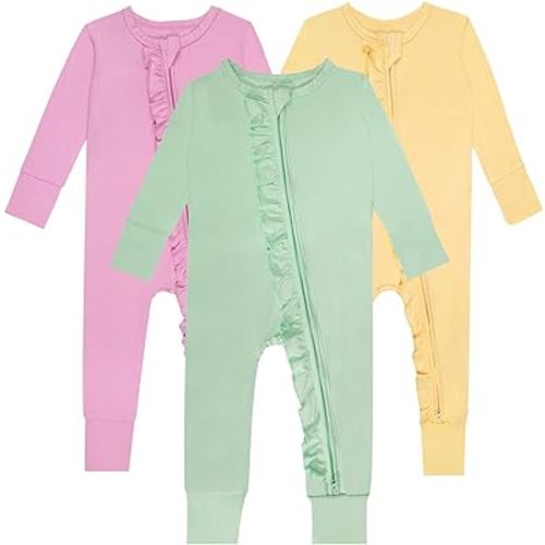 GUISBY Baby Long Sleeve Footless Rompers, 2 Way Zipper with Ruffle Sleepers 0-24 Months 3-Packs