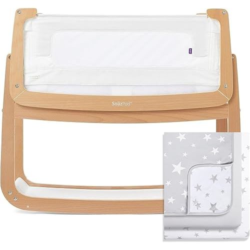 Title: SnuzPod 4 Bedside Bassinet Bundle, Portable Bedside Crib (Natural) with Matress + Super Soft Bedding Set (Stars)